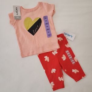 New Carter's heart outfit 3M leggings and tee shirt. Great for Valentines